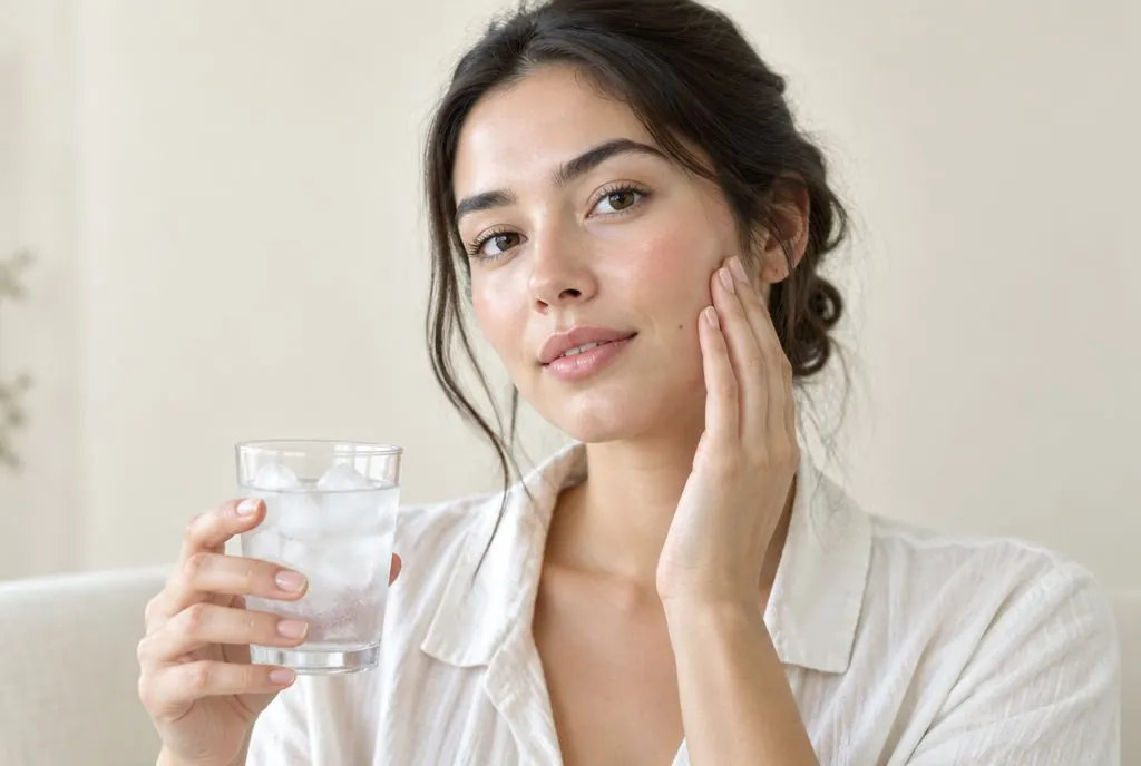 Vrouw met een glas ijswater houdt haar hand tegen haar wang