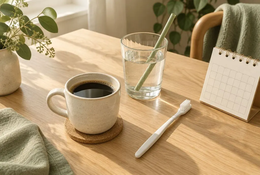 Kop koffie, glas water met rietje en tandenborstel op tafel